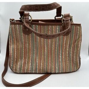 Relic By Fossil Brown Stitched Hand Bag Cloth & Leather Crossbody Strap